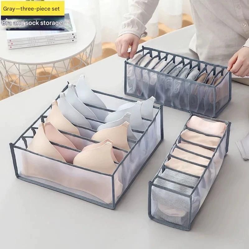 Grey Drawer Underwear Organiser Set - 3 Piece Mesh Storage Boxes for Bras