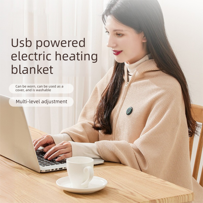 Apricot color USB Heated Blanket Poncho - Rechargeable Electric Warming Shawl view 3