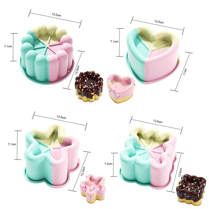 4 Piece Colorful Silicone Baking Mould Set - Heart Star Square Round Shapes