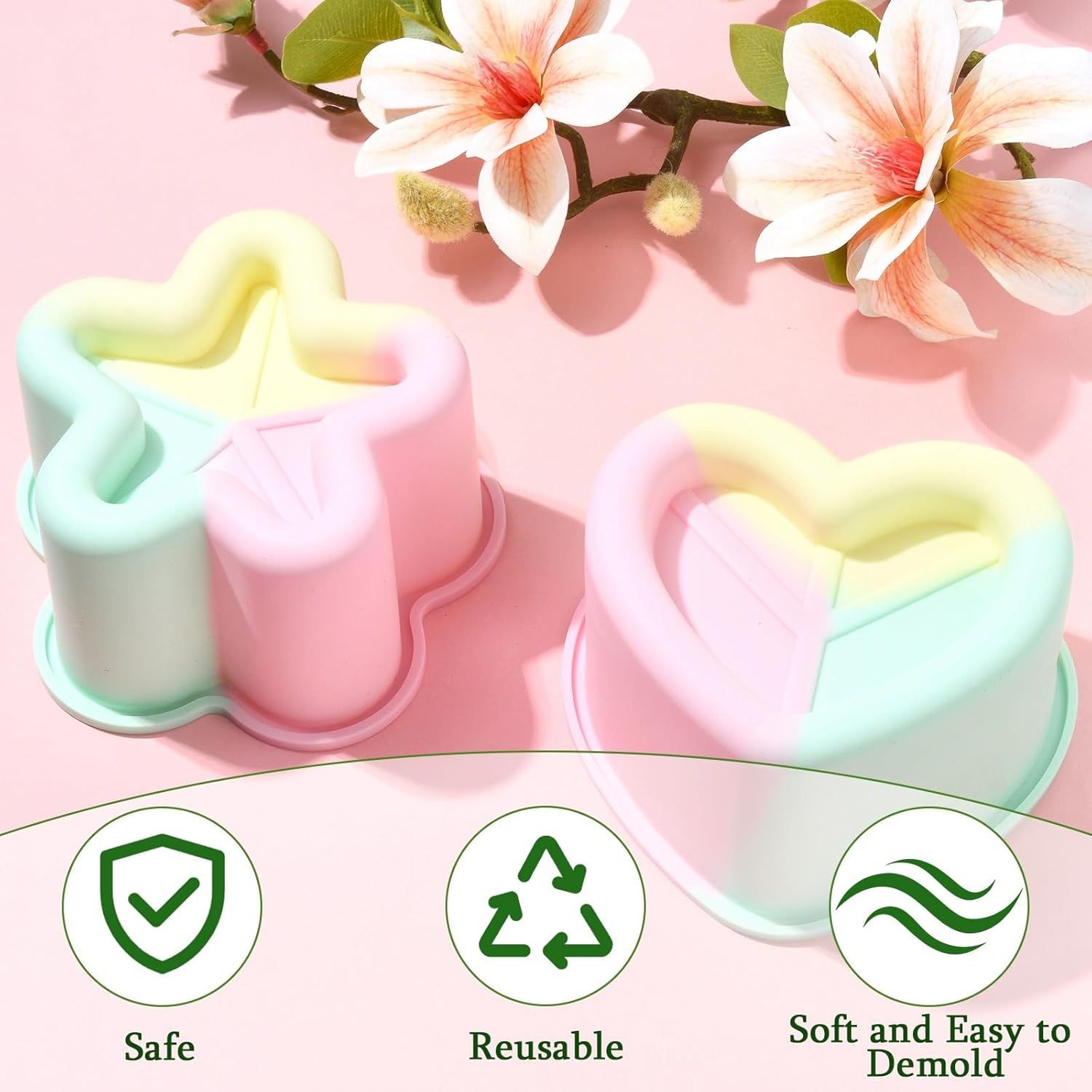 4 Piece Colorful Silicone Baking Mould Set - Heart Star Square Round Shapes view 3