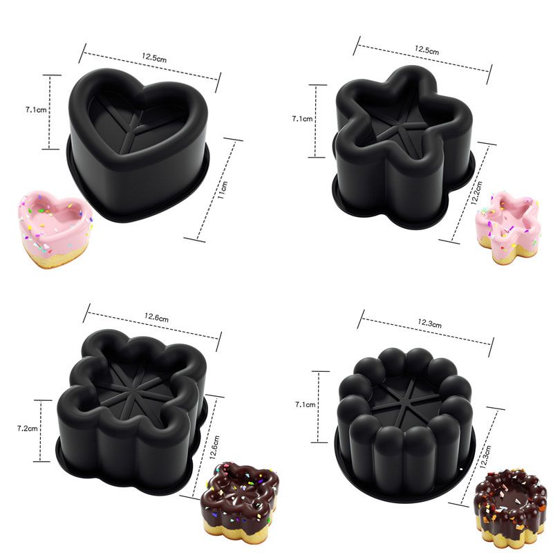 4 Piece Black Silicone Baking Mould Set - Heart Star Square Round Shapes Food