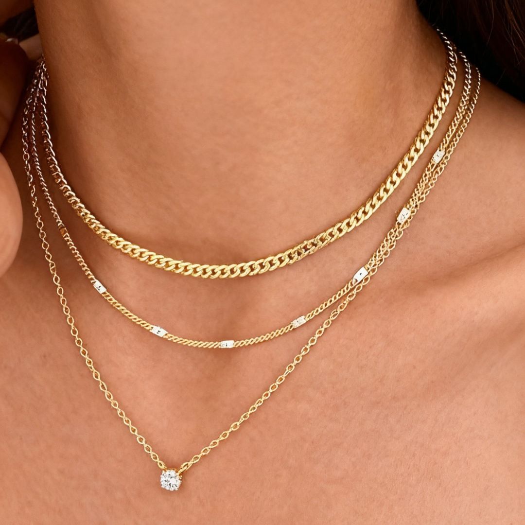 Golden Layered Zircon Necklace Set - Multi Strand Chain Choker with Pendant