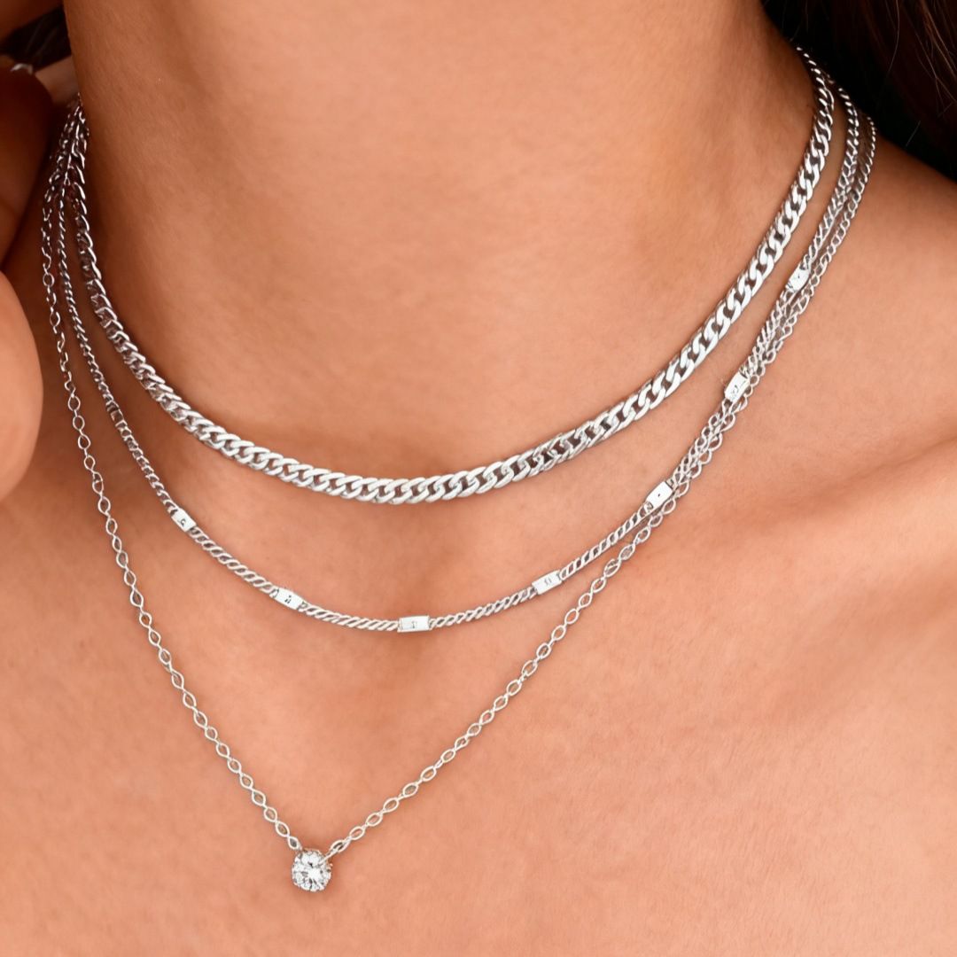 Silver Layered Zircon Necklace Set - Multi Strand Chain Choker with Pendant