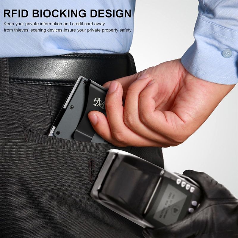 Black Slim RFID Blocking Aluminum Card Holder - Metal Wallet with Cash Strap view 6