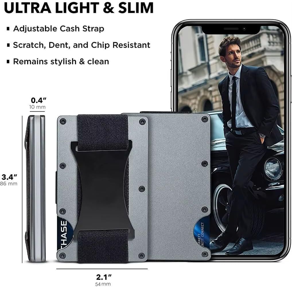 Black Slim RFID Blocking Aluminum Card Holder - Metal Wallet with Cash Strap view 7