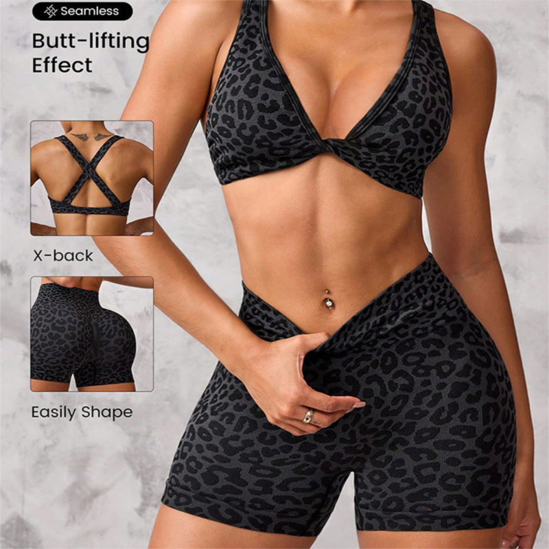 Leopard Print Yoga Set - Twist Front Sports Bra with Criss Cross Back and High view 2