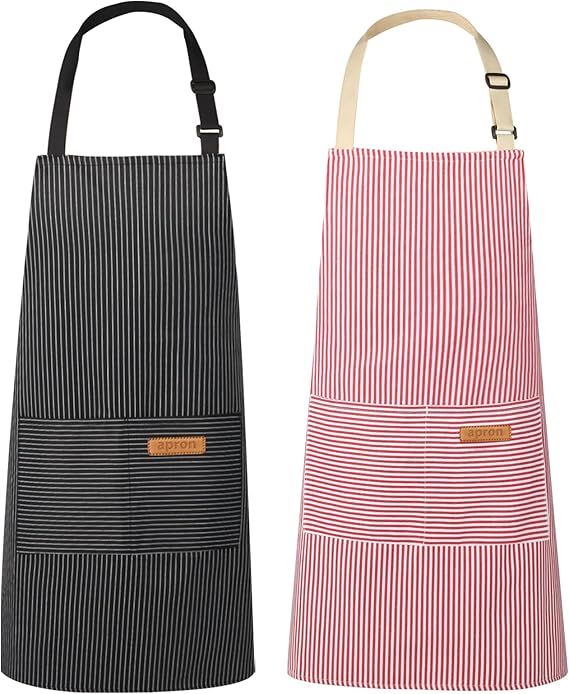 2-Pack Striped Adjustable Apron - Cross-Neck Bib Work Apron for Restaurant