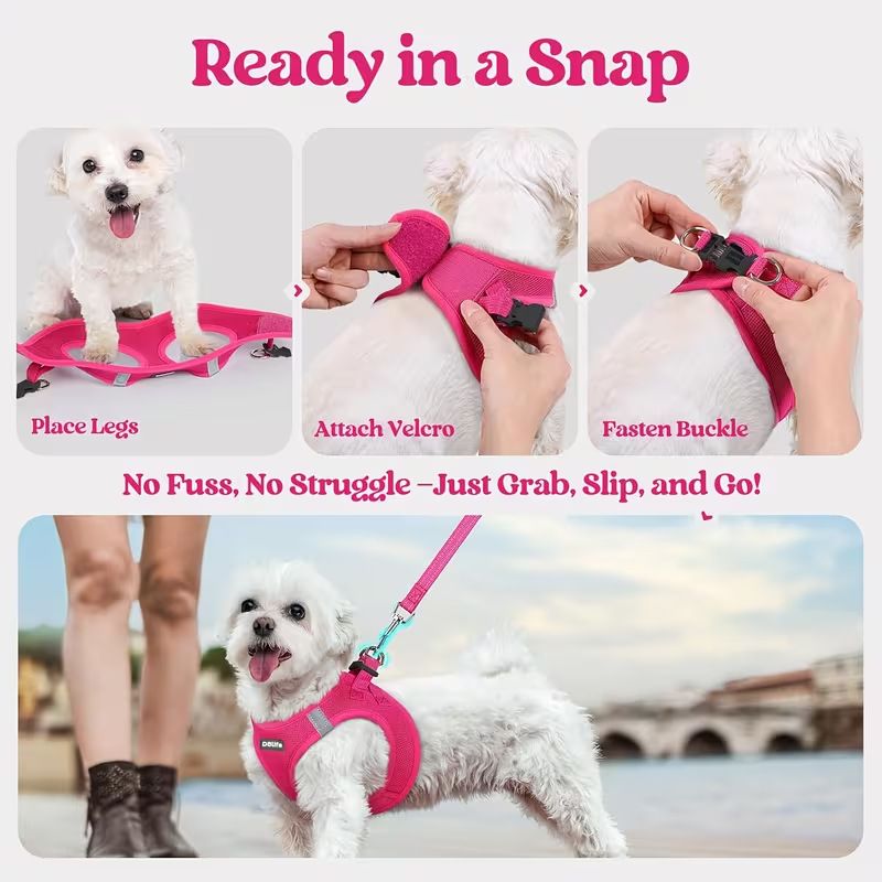 Rose red Breathable Dog Harness and Leash Set - Adjustable Reflective Pet Vest view 3