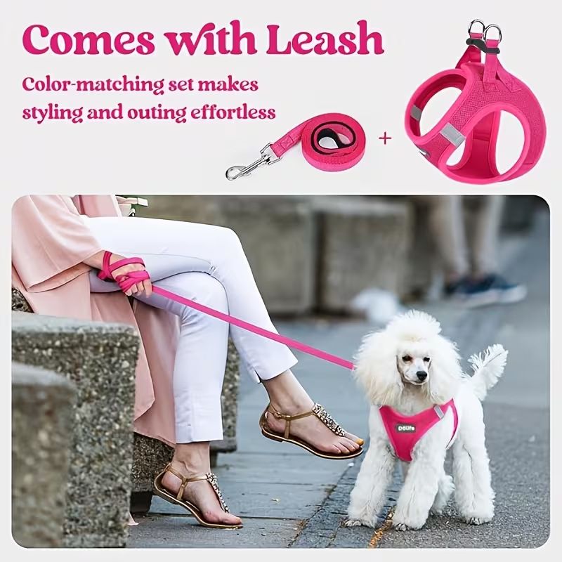 Rose red Breathable Dog Harness and Leash Set - Adjustable Reflective Pet Vest view 6