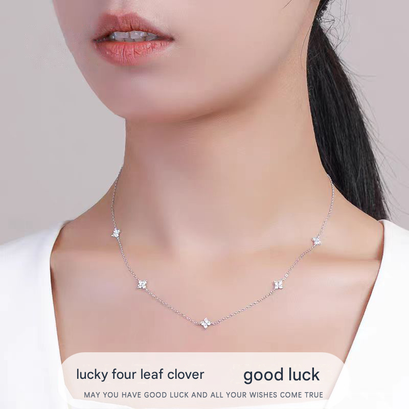 Silver Lucky Four Leaf Clover Necklace Women Delicate Clavicle Chain Sparkling