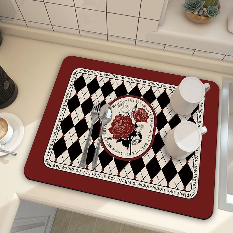 Red Kitchen Countertop Drainage Mat Absorbent Quick Dry Tech Velvet Dish