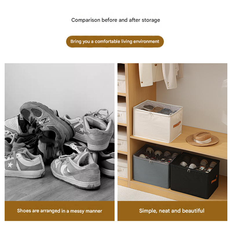 Beige Foldable Fabric Shoe Storage Box with Compartments Dustproof Moistureproof view 5