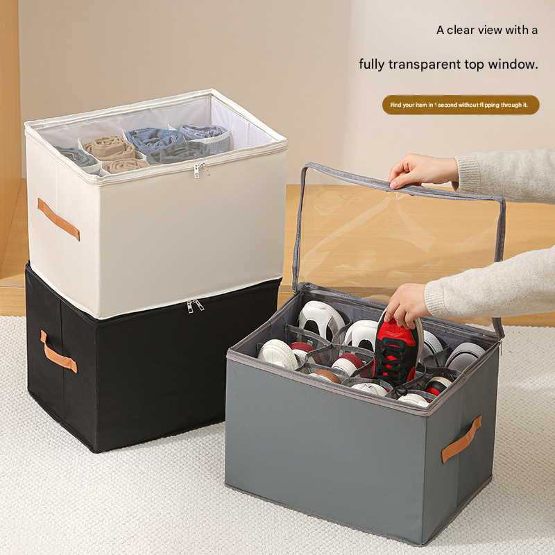 Black Foldable Fabric Shoe Storage Box with Compartments Dustproof Moistureproof view 3