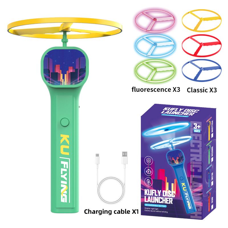 Green LED Light Up Flying Disc Cat Toy Interactive UFO Launcher with