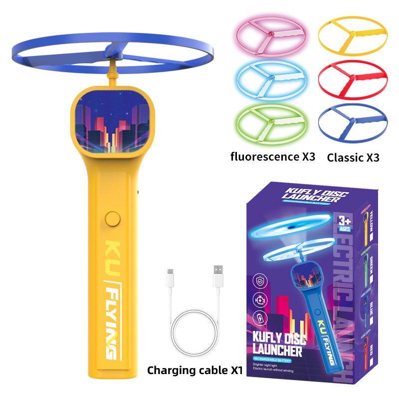 Yellow LED Light Up Flying Disc Cat Toy Interactive UFO Launcher with