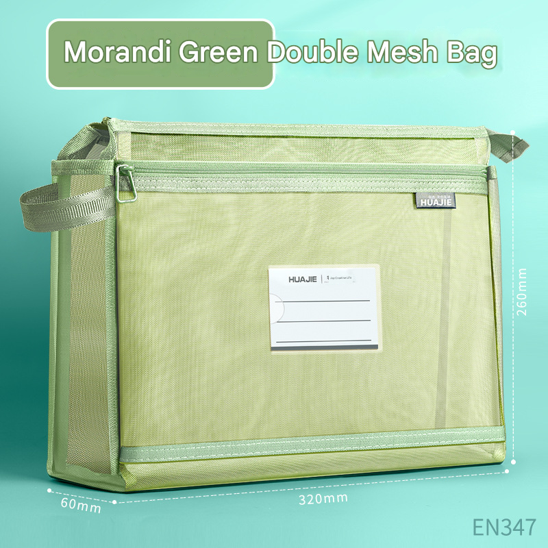 Morandi Green Double Layer Mesh File Bag with Handle Large Capacity Student