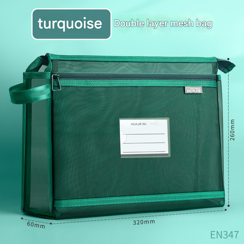 Turquoise Double Layer Mesh File Bag with Handle Large Capacity Student