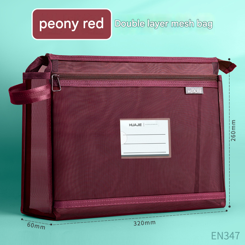 Peony Red Double Layer Mesh File Bag with Handle Large Capacity Student