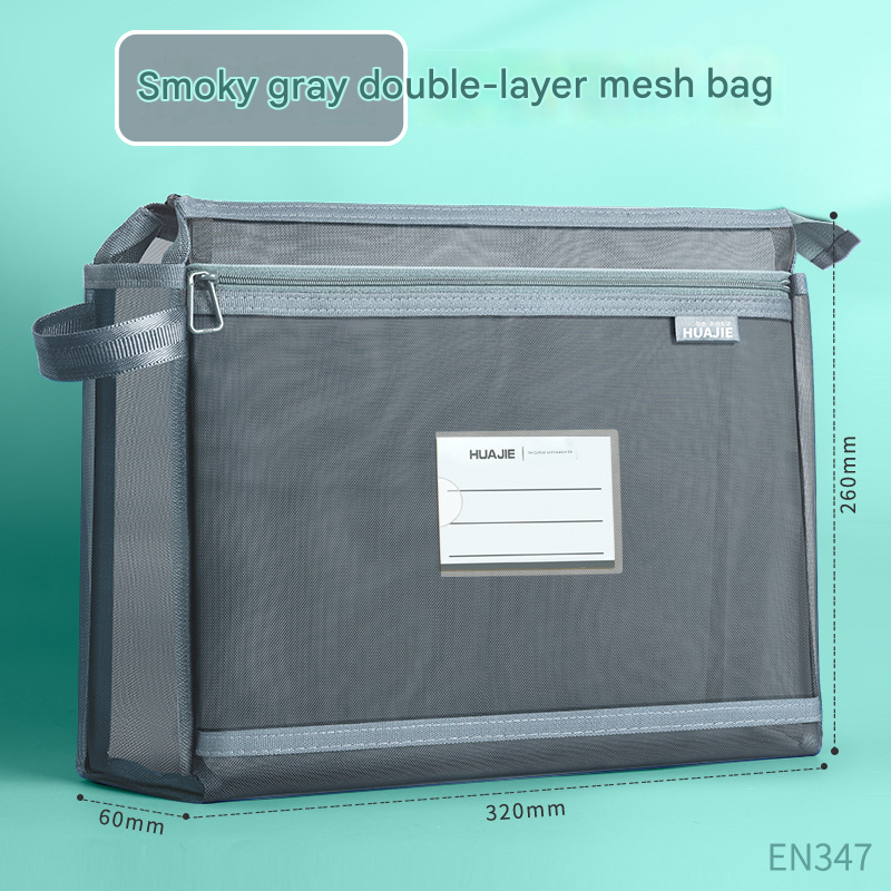 Smoky grey Double Layer Mesh File Bag with Handle Large Capacity Student