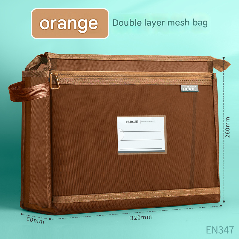 Orange Double Layer Mesh File Bag with Handle Large Capacity Student Subject