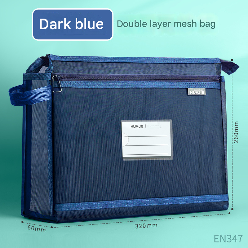 Dark blue Double Layer Mesh File Bag with Handle Large Capacity Student