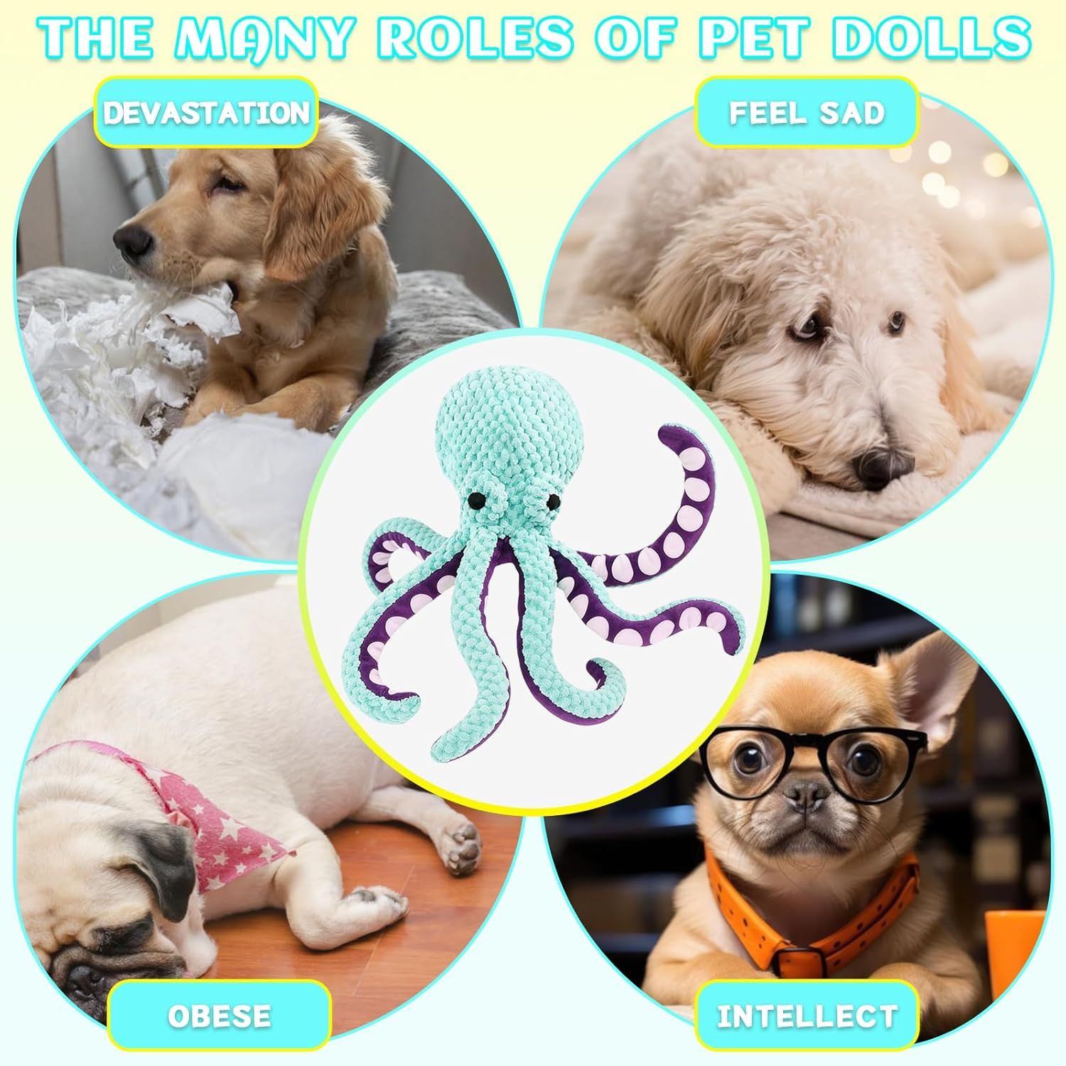 2-Pack Yellow Plush Octopus Dog Toy with Squeaker - Interactive Chew Toy for Small view 3