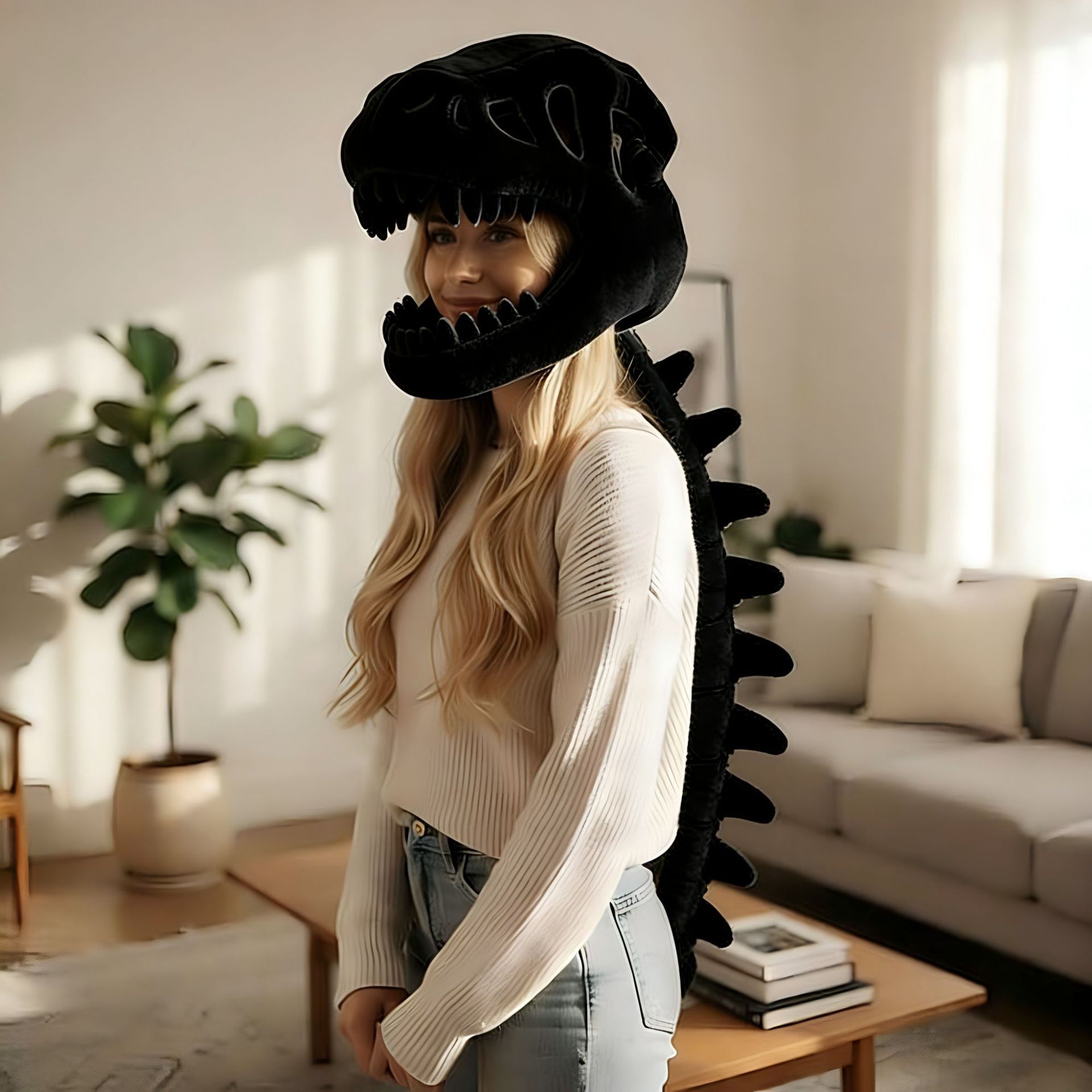 120CM Black Funny Dinosaur Skeleton Plush Headwear – Quirky Bone Fossil — image 1