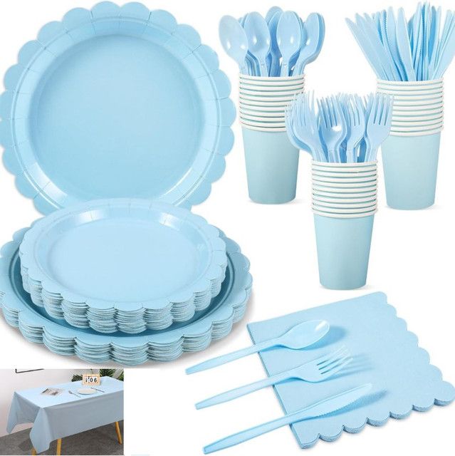 7-Piece Light Blue Scalloped Party Tableware Set for 50 Guests - Disposable