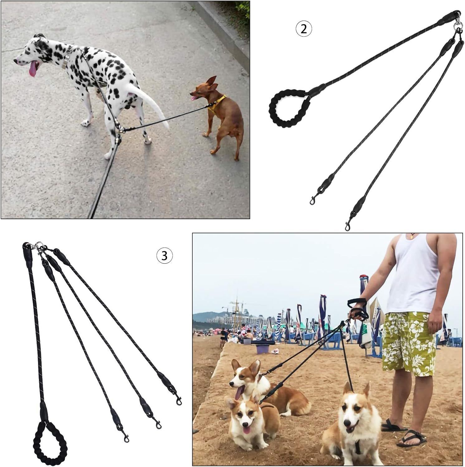 Red 3-in-1 No-Tangle Dog Leash for 1-3 Small Large Dogs – Heavy Duty 360° view 6