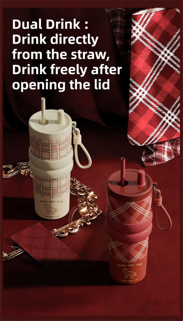 Black British Equestrian Plaid 710ML Insulated Travel Mug with Dual-Drink Lid view 4