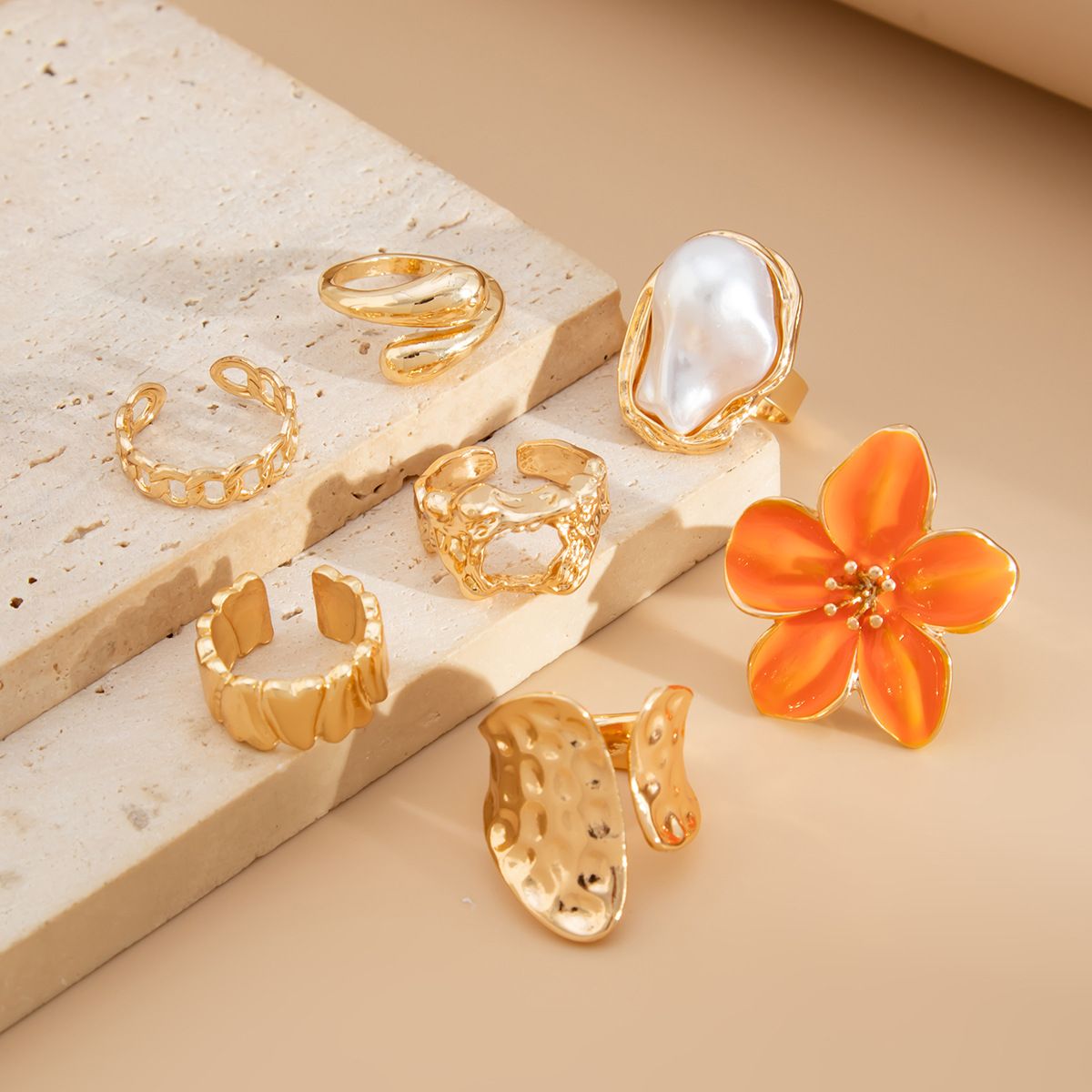 7-Piece Orange Liquid Lava Flower Stacking Open Rings Set with Imitation view 2