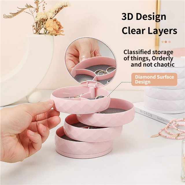 2-Pack 4-Tier Rotating Jewelry Organizer Box with Adjustable Mirror & Diamond view 2