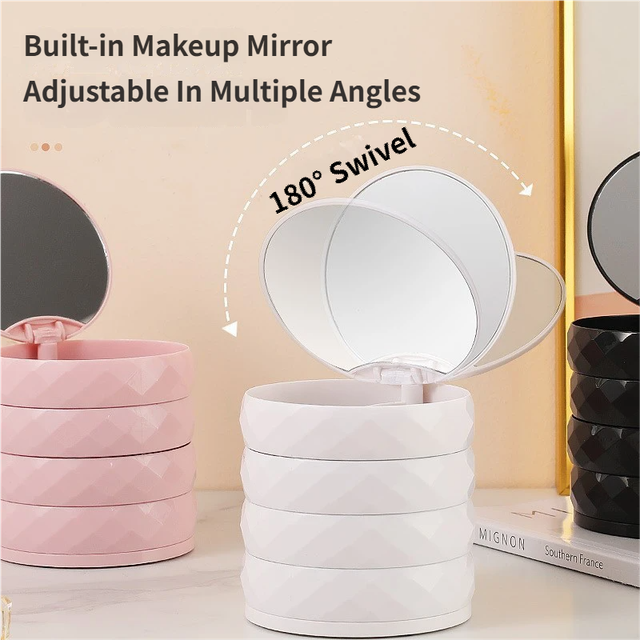 2-Pack 4-Tier Rotating Jewelry Organizer Box with Adjustable Mirror & Diamond view 3