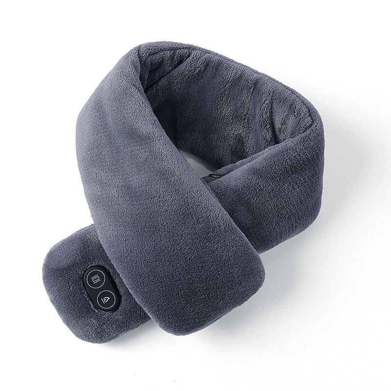 Grey Plush USB Heated Massage Neck Scarf with 3 Temp & 3 Vibration Massage