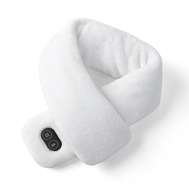 White Plush USB Heated Massage Neck Scarf with 3 Temp & 3 Vibration Massage