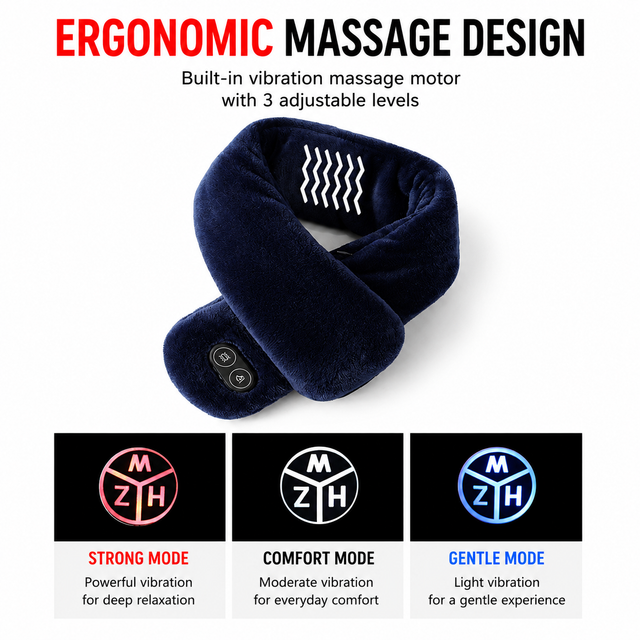 Dark Blue Plush USB Heated Massage Neck Scarf with 3 Temp & 3 Vibration view 3