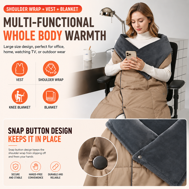 Grey Wearable Heated Blanket Shawl for Women - USB Powered Electric Heating view 4