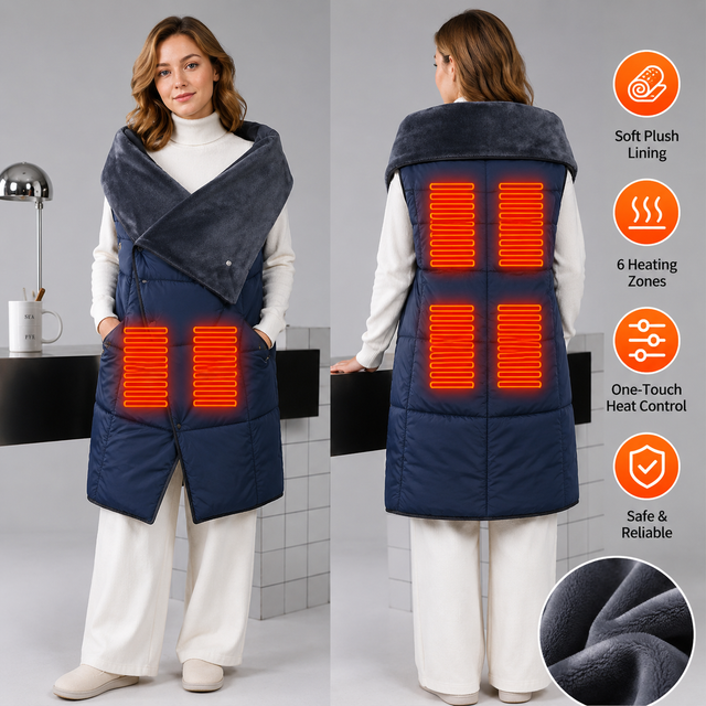 Dark Blue Wearable Heated Blanket Shawl for Women - USB Powered Electric