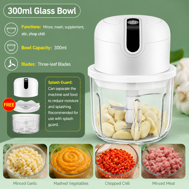 Blue 300ML Electric Mini Food Processor & Garlic Chopper with Glass Bowl