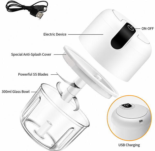 Blue 300ML Electric Mini Food Processor & Garlic Chopper with Glass Bowl view 3