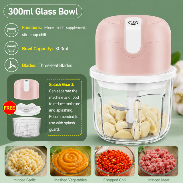 Pink 300ML Electric Mini Food Processor & Garlic Chopper with Glass Bowl