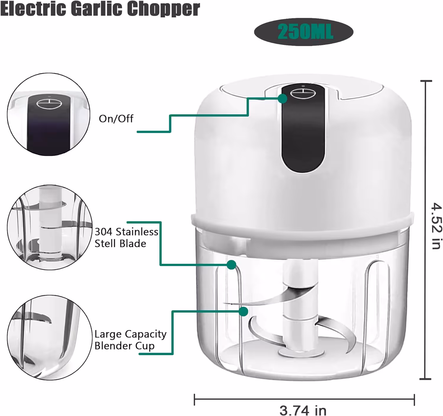 Pink 300ML Electric Mini Food Processor & Garlic Chopper with Glass Bowl view 2