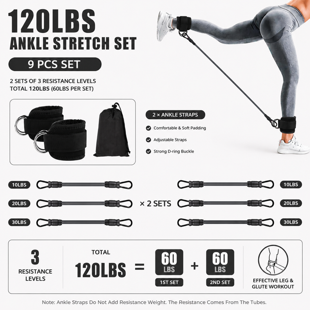 Black 120LBS Total Ankle Resistance Bands Training Set with Cuffs and Carry
