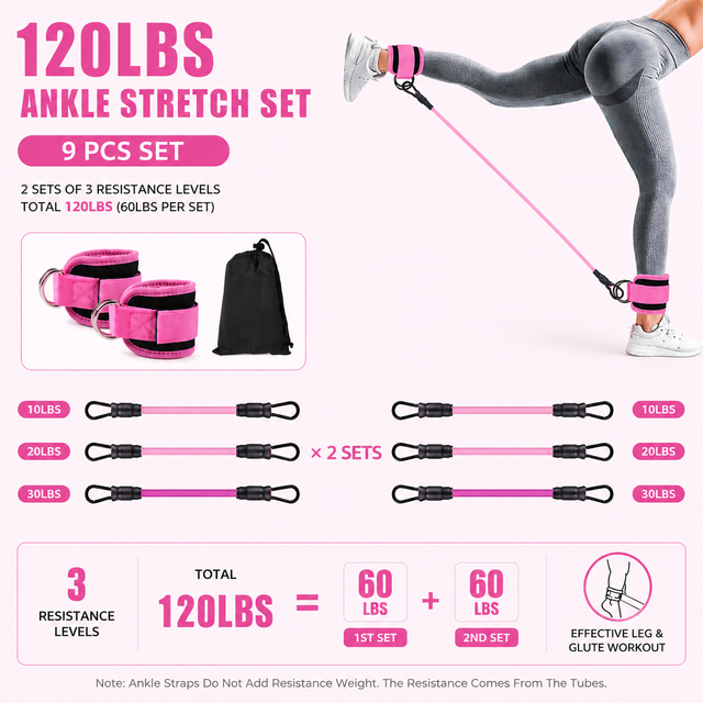 Pink 120LBS Total Ankle Resistance Bands Training Set with Cuffs and Carry Bag