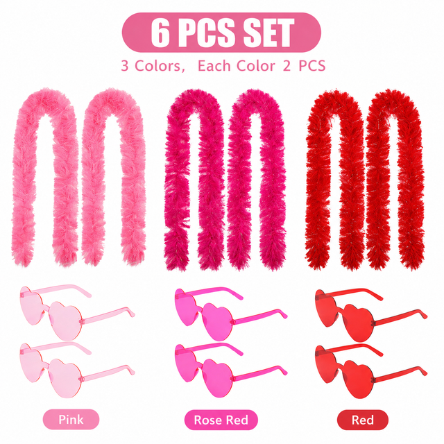 6PCS Festival Party Costume Accessories Set : Heart Shaped Sunglasses and 1.5M