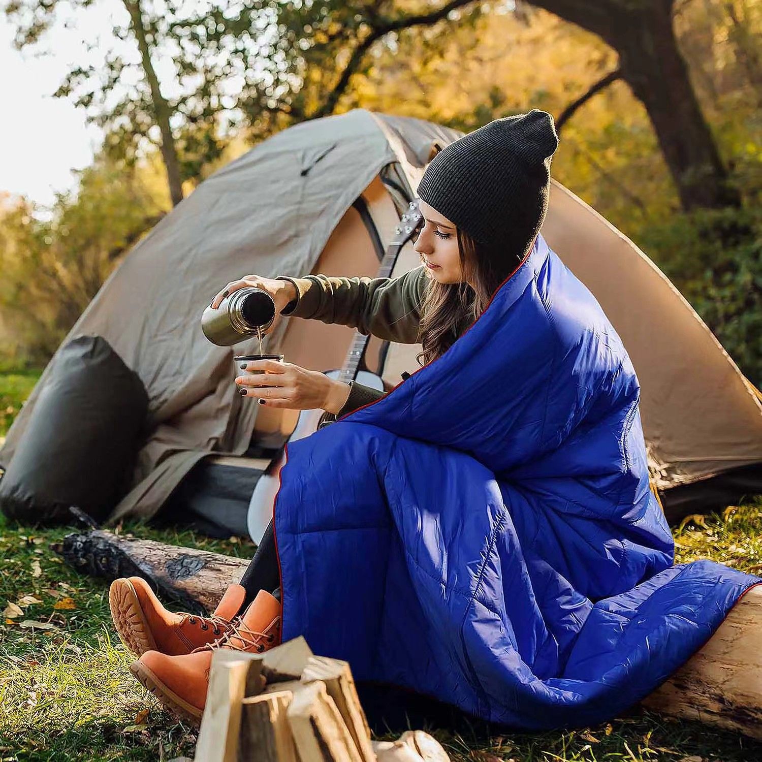 200x140cm Blue Large Outdoor Camping Imitation Silk Cotton Wearable Warmth Blanket view 2