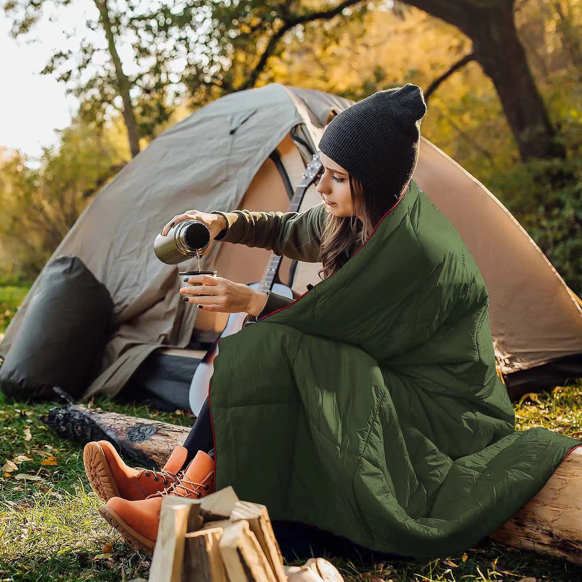 200x140cm Green Large Outdoor Camping Imitation Silk Cotton Wearable Warmth view 2