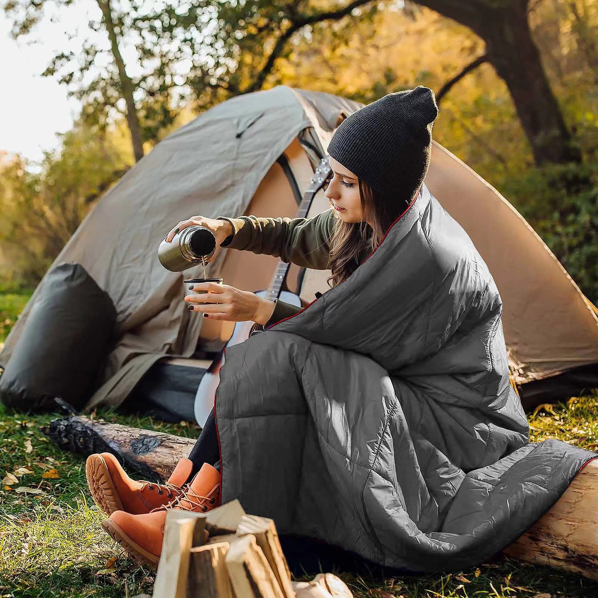 200x140cm Grey Large Outdoor Camping Imitation Silk Cotton Wearable Warmth Blanket view 2