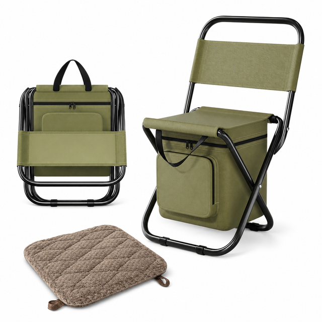 3-in-1 Green Large Portable Folding Camping Chair with Zippered Cooler Bag and