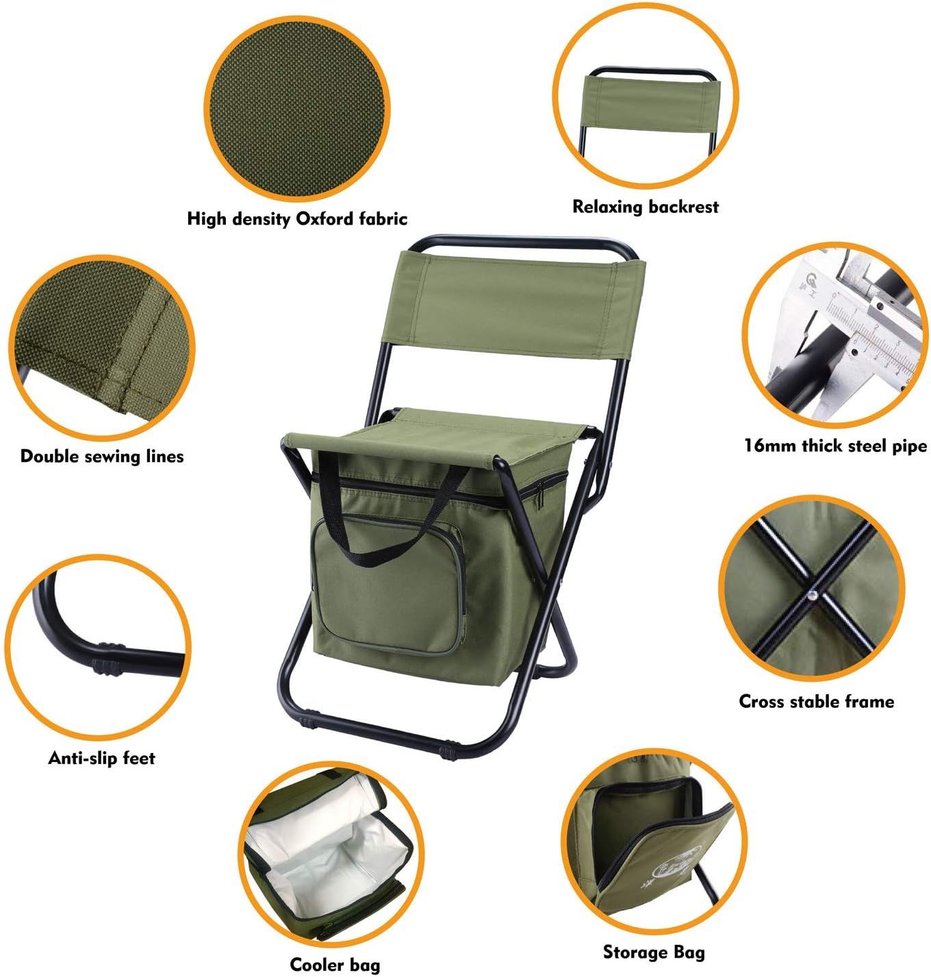 3-in-1 Green Large Portable Folding Camping Chair with Zippered Cooler Bag and view 3